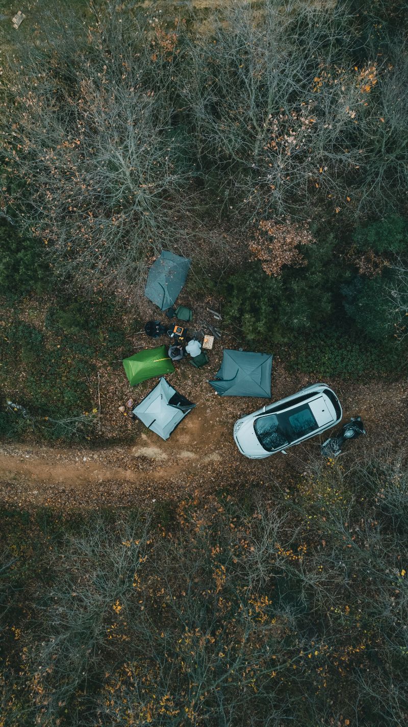Aerial view of tents pitched in a forest clearing