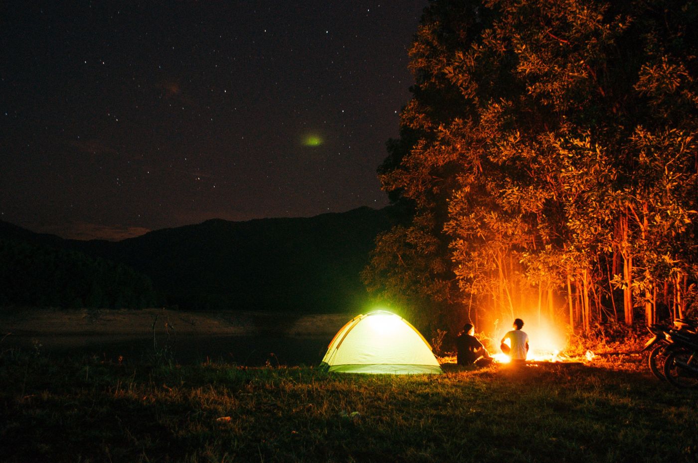Campers by a fire under a starry sky